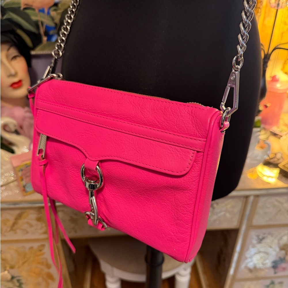 Rebecca Minkoff Mini M.A.C Electric Pink Leather Crossbody Bag Purse Chain Strap - Picture 5 of 17